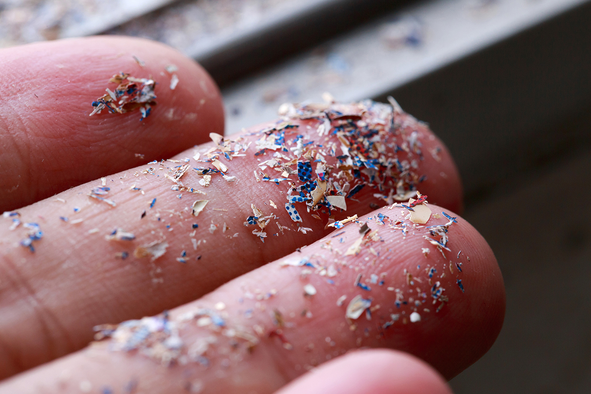 Close up photo of microplastics on a person's fingers.